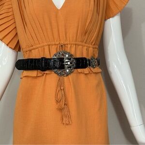 Vintage Brighton Belt Croc Embossed Patent Leather Rhinestone Studded Silver 34